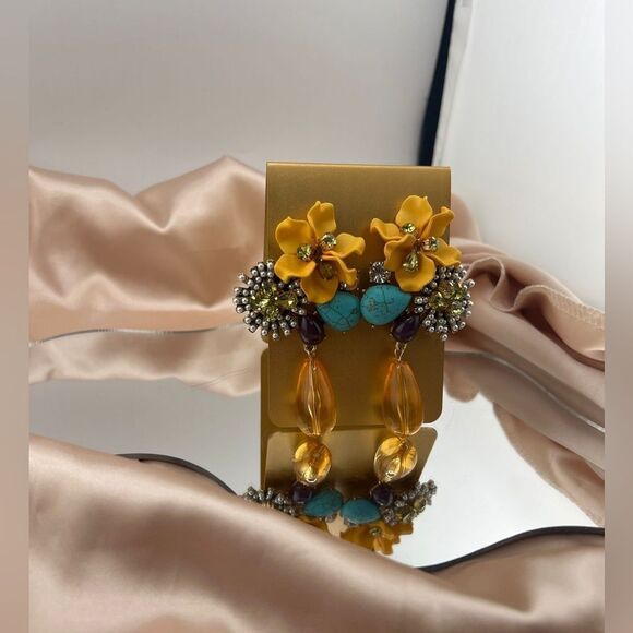 Vibrant Boho Floral and Gemstone Drop Earrings - Picture 7 of 8